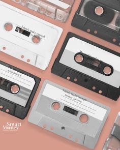 several different types of cassettes are arranged in a row on a pink background with the words smart money written across them