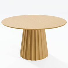 a round wooden table sitting on top of a white floor