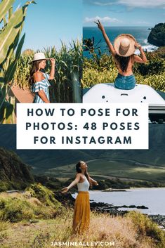 two women standing on top of a hill with the words how to pose for photos 48 poses