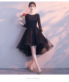 Black Short Homecoming Dress, High Low Cocktail Dress, Gowns Black, Prom Dress Black, Long Sleeve Prom, Party Dress Long Sleeve, Short Homecoming Dress, Black Short Dress, Black Cocktail