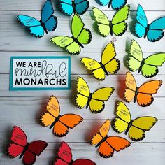 there are many colorful butterflies with words on the back and one has a sign that says we are wonderful monarchs