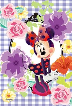 minnie mouse with flowers and butterflies on it's head in front of a checkered background