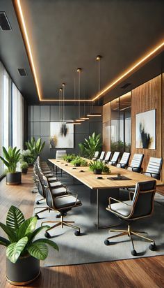 a large conference table with chairs and plants