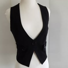 Nwot Never Used, Buttons Belted Vest. Stretchy Materials Made From 75% Rayon, 21% Nylon And 4% Spandex. Machine Washable. Tagged Large But Cut Small Will Fit Size 8 To 10. Measuring Ptp 18" Upstretched. Goth Vest Outfit, Vest Types, Rock Friends, Victorian Vest, Goal Aesthetic, Reference Clothes, Black West, Steampunk Vest, Fitted Vest