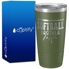 a green tumbler cup next to a blue box with the words softball on it