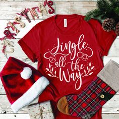 Jingle All The Way Tshirt, Jingle All The Way Cricut, Christmas Shirts Vinyl, Holiday Shirt Ideas, Christmas Shirt Svg, Christmas Tee Shirts, Christmas T Shirt Design, Christmas Cut Files, Holiday Svg