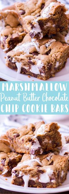 marshmallow peanut butter chocolate chip cookie bars are stacked on top of each other