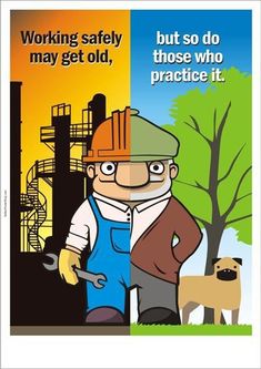 a poster with an image of a man in overalls holding a wrench next to a dog