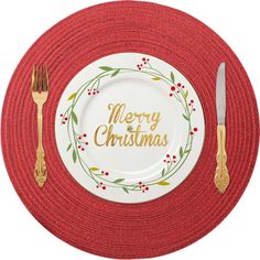 a red placemat with merry christmas written on it and two gold utensils