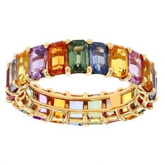 Multicolored Emerald Cut Sapphire Eternity Ring in Yellow Gold | Borsheims Luxury Multi-stone Yellow Gold Eternity Band, Luxury Yellow Gold Multi-stone Eternity Band, Luxury Yellow Gold Eternity Band With Multi-stone, Yellow Gold Sapphire Ring, Sapphire Eternity Ring, Sapphire Stones, Gold Sapphire Ring, Plastic Ring, Sapphire Stone