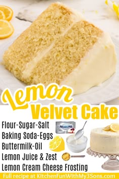 an advertisement for lemon velvet cake on a plate