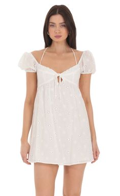 Eyelet Puff Sleeve Babydoll Dress in White Puff Sleeve Babydoll Dress, Tie Up Dress, Lucy In The Sky, Sequin Bodycon Dress, Sorority Outfits, Jacquard Dress, Lace Romper, Online Fashion Stores, Ruched Dress