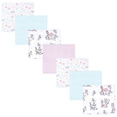 five pieces of paper with animals and flowers on the front, in pastel colors