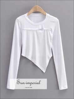 Women Blue Round Neck Cut out front Long Sleeve T-shirt top with Asymmetrical Hem detail Basic style White Asymmetrical Cotton Top, Trendy Asymmetrical Cotton Top, White Asymmetrical Cotton Shirt, Fitted White Asymmetrical Tops, Fitted Asymmetrical White Tops, White T-shirt With Asymmetrical Hem For Spring, Trendy Cotton Tops With Asymmetrical Hem, White Casual Top With Asymmetrical Hem, White Asymmetrical T-shirt For Summer