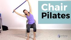 a woman sitting on a chair holding a purple object in her hand with the words chair pilates above her