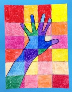 a drawing of a hand with colored squares in the background