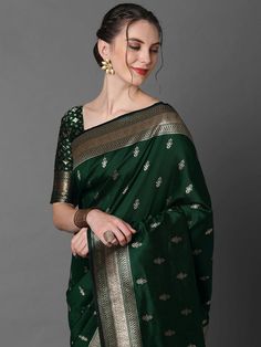 About this Product Saree: Saree Type: Ready to wear, Pre-stitched, Pre-draped Saree Saree Color: Dark Green Saree Fabric: Silk Blend Saree Style: Banarasi Saree Work: Tassels And Latkans Saree Pattern: Ethnic Motif Drape Style: Choose the drape style while order: Standard Open, Pleated or Gujarati Saree length: 5.5 meters Petticoat: Saree comes with an in-built butter crepe petticoat, no additional petticoat is required to wear with the saree. Sizing: Waist is adjustable +/- 1 size with a partia Dark Green Saree, Green Blouse Designs, One Minute Saree, Zari Saree, Formal Saree, Saree With Belt, Floral Print Sarees, Bridesmaid Saree, Ethnic Sarees