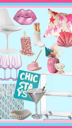 a collage of pink and blue items with the words chic styl on them