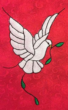 a white dove flying with a green twig in it's beak on a red background