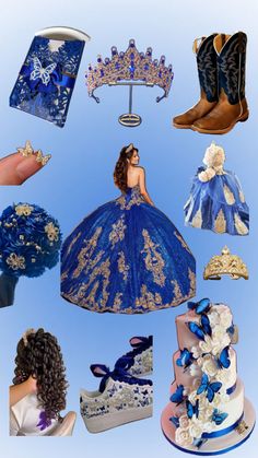 a collage of blue and gold wedding gowns, tiaras, shoes, and jewelry