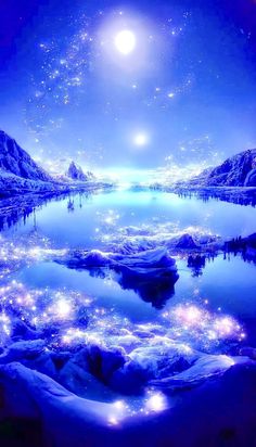 the night sky and stars are reflected in water with mountains, rocks and snow covered ground