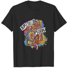 a black t - shirt with the words shine punk in front of an image of comic characters