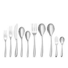 an assortment of silverware including forks, knives and spoons on a white background