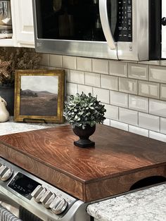 a kitchen counter with a potted plant on it and a microwave in the background