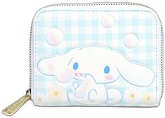 Cinnamon Roll Sanrio Backpack, Cinnamoroll Luggage, Cinnamonroll Sanrio Bag, Sanrio Wallet, Sanrio Coin Purse, Sanrio Loungefly Wallet, Gingham Background, Applique Flowers, Sanrio Cinnamoroll