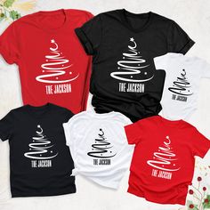 four t - shirts with the names of three different christmas trees on them, all printed in white and red