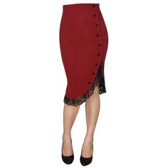 What could be more alluring than black lace against your legs? This lipstick red wiggle skirt is 50s pinup perfection. The high waist has vertical shaping darts and black buttons draw attention to the hipline curve. The hem is finished in black lace and it curves up on the left side for a sexy peek above the knees.Fabric: 63% polyester, 33% rayon, 4% spandexThis is a special order item and will take 7-12 business days to ship. Size: 2XWaist: 36-38"Hip: 46-48" Size: 3XWaist: 38-40"Hip: 48-50" Siz Pencil Skirt Fashion, 50s Pinup, Pin Up Outfits, Lipstick Red, Red Skirt, Retro Mode, Pin Up Style, Mode Vintage, Ruffle Skirt