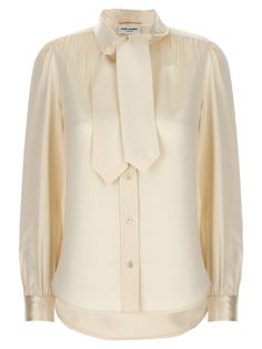 Silk shirt with button closure, lavalliere collar, long cuffed sleeves. Composition: 100% silk | Saint Laurent Women's Lavalliere Silk Shirt in White | SS24 Saint Laurent Women, Saint Laurent Shirt, College Outfit, Knitwear Cardigan, Silk Shirt, Cuff Sleeves, Top Tee, Women Collection, Jacket Dress