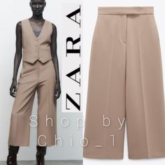 High-Waisted Culottes High Waist Pants With Front Pockets And Back False Welt Pockets . Wide Leg . Front Zip, Metal Hook, And Interior Button Closure . Color: Taupe Brown Outer Shell 78% Polyester 16% Viscose 6% Elastane Measurements Waist: 15in Flat Rise:13.5in Flat Lenght: 36.5in Flat Hips:20.5in Flat New With Chic Pantsuit With Pockets, Chic Pantsuit With Trousers And Pockets, Summer Business Casual Pantsuit With Pockets, Chic Summer Business Casual Pantsuit, Zara Tailored Bottoms For Summer, High Waist Spring Pantsuit For Business Casual, Spring High-waisted Business Casual Pantsuit, Chic Summer Pantsuit With Pockets, Chic Beige Pantsuit With Pockets