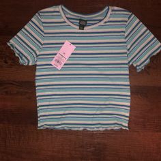 Never Worn. Stripe Colored Shirt. With Stretch. Trendy Light Blue Spring T-shirt, Trendy Blue Cotton Shirt, Trendy Blue T-shirt For Spring, Blue Stretch Shirt For Summer, Striped Casual Tops For Spring, Trendy Fitted Blue Shirt, Trendy Striped Crew Neck Shirt, Blue T-shirt For Spring, Fitted Striped T-shirt For Spring