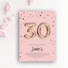 a pink and gold 30th birthday party card with the number 30 printed on it, surrounded by confetti