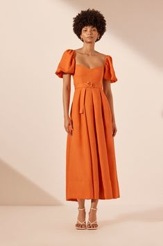 Orange Puff Sleeve Dress, Ladies Wear Dresses, Tangerine Dress, Shona Joy Dress, Bustier Midi Dress, Orange Midi Dress, Shona Joy, Studio Photoshoot, Panel Dress