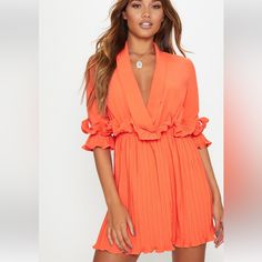 Bright Orange Skater Dress. Never Worn. Bright Orange Dress, Pleated Skater Dress, Blouse Summer, Missguided Dress, Summer Girl, Pleated Mini Dress, Frill Dress, Neck Bodycon Dress, Pretty Little Thing