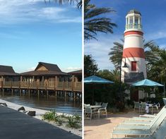 two pictures side by side one has a light house and the other has lounge chairs