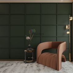 a modern living room with green walls and a brown leather chair next to a small table