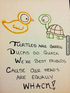 two little turtles are sitting next to each other on a piece of paper that says, turtles are green ducks go quack we're best friends cause our heads are equally whacky