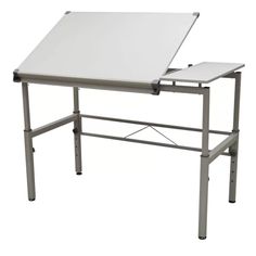 a desk with a white top and metal legs on an isolated white background for display