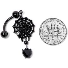 Black Gem Black Spiderweb Halloween Reversible Dangle Belly Ring If you're ready to get into the spirit of Halloween then you will love this 14 gauge navel jewelry with scary style! Made with a 3/8" black plated over 316L surgical grade stainless steel curved barbell, this reversible navel ring features a spiderweb dangle charm with a black gem spider as well as a black gem heart dangle charm that is perfect for trick or treating or a gothic ball.Specifications14 Gauge (1.6mm), 3/8" (10mm), Blac Spooky Adjustable Black Jewelry, Adjustable Black Spooky Jewelry, Black Vampire Jewelry For Halloween, Vampire Style Black Jewelry For Halloween, Gothic Black Dangle Body Jewelry, Halloween Black Jewelry With Charms, Black Halloween Jewelry With Charms, Nickel-free Black Emo Jewelry, Adjustable Black Gothic Body Jewelry