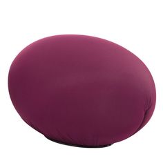 a purple round pillow sitting on top of a white floor next to a black base