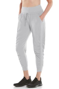 Women's Motio Joggers UPF 50+ - Coolibar® is the World Leader Comfortable Summer Joggers For Loungewear, Sporty Harem Pants For Loungewear, Comfortable Summer Loungewear Joggers, Solid Ankle-length Athleisure Joggers, Relaxed Fit Ankle-length Joggers For Jogging, Relaxed Fit Ankle-length Joggers, Yoga Sportswear Joggers With Relaxed Fit, Comfortable Summer Joggers With Elastic Waistband, Summer Joggers With Elastic Waistband For Loungewear