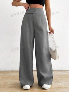 Style:Casual \nDetails:Zipper \nClosure Type:Zipper Fly \nColor:Grey \nPattern Type:Plain \nType:Wide Leg \nWaist Line:High Waist \nLength:Extra Long \nFit Type:Loose \nFabric:Non-Stretch \nMaterial:Fabric \nComposition:100% Polyester \nCare Instructions:Machine wash, do not dry clean \nTemperature:Spring/Fall (18-25℃/63-77℉) \nBody:Unlined \nSheer:No \n High Waisted Wide Leg Pants, Women Pants, Women's Casual, Extra Long, Leg Pants, Wide Leg Pants, Style Casual, Casual Women, High Waist