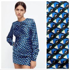 Nwot. Zara Bluish Geometric Print Mini Dress With Round Neckline, Long Sleeves, Pleat Detail And Back Opening, Button Closure At Collar. Size M. Ref. 8912/599. Pit To Pit 14" Flat, Shoulders 15", Sleeves 27", Waist 13,5", Length 33". 1072. Printed A-line Mini Dress For Party, Fitted Printed Dress With Asymmetrical Hem, Chic Printed Cocktail Dresses, Blue Printed Party Dress, Blue Printed Dresses For Party, Printed A-line Blue Mini Dress, Blue Printed A-line Mini Dress, Blue A-line Mini Dress With Print, Blue Printed Mini Dress For Party