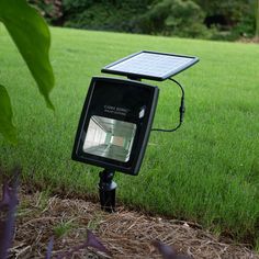 a solar powered light is in the grass