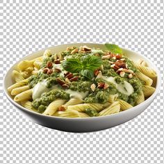 pasta with pesto sauce and almonds in a white bowl on a transparent background