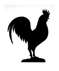 a black silhouette of a rooster standing on top of a white background with the word chicken in it's center