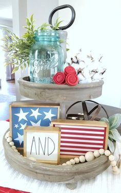 three tiered trays with patriotic decorations on them